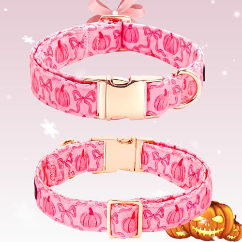 Dog Collar, Pink Pumpkin Print Adjustable Pet Collar Cute Cotton Soft Collars with Flower Fall Metal Buckle Holiday Puppy Collars Boy&Girl Gift for X-Small Dogs - color: B:Pink Pumpkin, size: X-Small (Pack of 1)