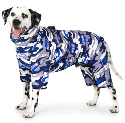 Four Legged Dog Winter Coat for Small Dogs, Warm Puppy Onesie Clothes Christmas, Reflective Turtleneck Dog Jacket with Buckles & D-Rings, Puffer Cold Weather Coat Zipper - color: Blue Camo, size: X-Small