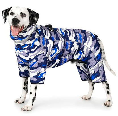 Four Legged Dog Winter Coat for Small Dogs, Warm Puppy Onesie Clothes Christmas, Reflective Turtleneck Dog Jacket with Buckles & D-Rings, Puffer Cold Weather Coat Zipper - color: Blue Camo, size: XX-Large