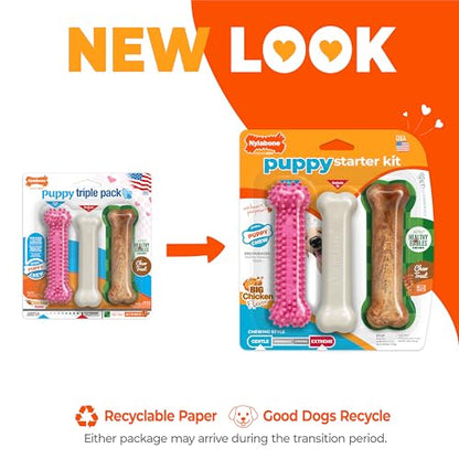 Nylabone Puppy Chew Toys & Natural Treat Triple Pack, Puppy Enrichment Teething Toys, Pink, Chicken & Bacon Flavor, Small Dogs - Up to 25 Ibs, 3 Pack - color: Pink, size: Small