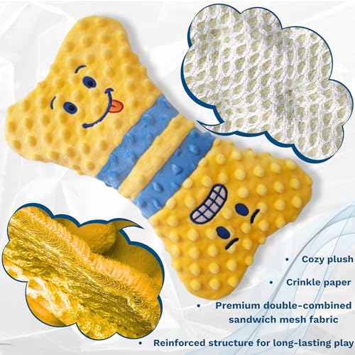 Crinkle Dog Toy, No Stuffing Squeaky Dog Toy for Small,Medium&Large Breed–Great for Cuddling, Anxiety Relief, Tug of War, Fetch, Boredom Reducer–Soft Pet-Safe Materials - Yellow Plush Bone in Gift Box