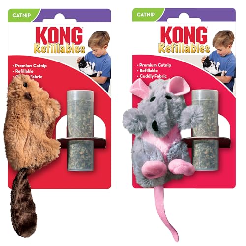 KONG Refillables Catnip Toys, Assorted 2-Pack – Plush Cat Toys with Refillable Catnip Pouch & Premium North American Catnip (Beaver and Rat) - color: Beaver and Rat
