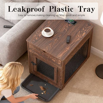 Dog Crate Furniture,Wooden Dog Crate End Table with Storage Drawer&Cushion&Tray, QC3.0 Wireless Charging,Dual USB,Small Dogs Rustic Style - color: Rustic Brown, size: 25.0"L x 19.0"W x 24.0"H