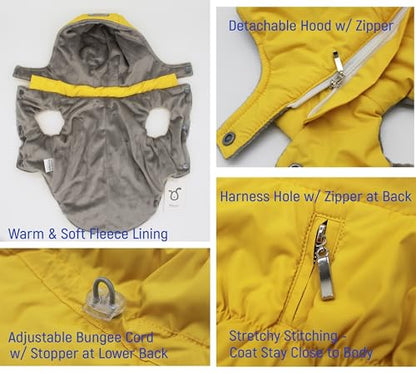 Warm Dog Coat Jacket with Detachable Hood Harness Hole Winter Coat Pet Clothes Dog Cold Weather Coats Cozy Snow Jacket Vest for Small Medium Large Dogs - Blake (Yellow, Large) - color: Yellow, size: Large