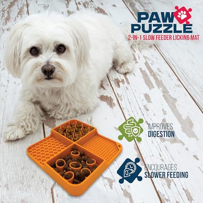 Palz&Co Paw Puzzle 2-in-1 Slow Feeder & Lick Mat for Dogs and Cats, Dry and Wet Food, Dishwasher Safe Silicone, Small 8"x8", Orange - size: Small