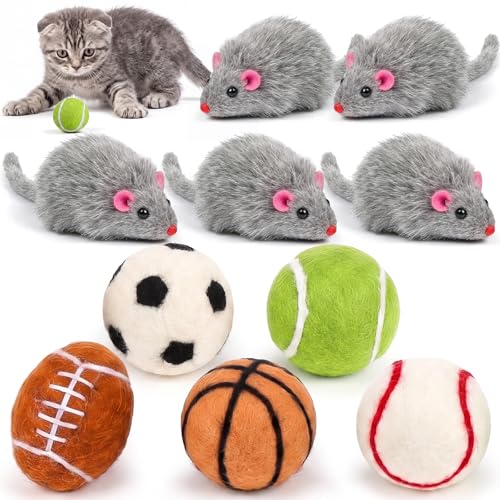 Outus 10 Pcs Cat Toys Bulk Include 5 Furry Mouse & 5 Sport Themed Pom Pom Balls for Cat and Kitty Mice Toys Felt Wool Ball Soft Quiet Interactive Catch Without Catnip for Yard Apartment Indoor Outdoor