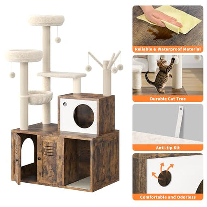 Cat Litter Box Enclosure with Tree Tower and Condo, Hidden Pet Washroom Furniture with Sisal Scratching Post,Hammocks and Soft Plush Perch, Wooden Cat Furniture with Multiple Platforms,Rustic Brown - color: Rustic Brown