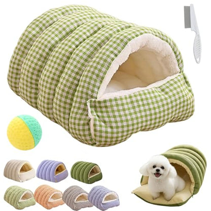 Winter Cave, Cozy Monster Cat Bed with Removable Washable Cushion, Soft Warm Plush Enclosed Tent Bed Cat House with Non-Slip Bottom for Cat and Dog (Green Plaid, L) - color: Green Plaid, size: L