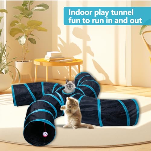EGETOTA Cat Tunnel for Indoor Cats Large, with Play Ball S-Shape 4 Way Collapsible Interactive Peek Hole Pet Tube Toys, Puppy, Kitty, Kitten, Rabbit (S4 - Black & Blue) - color: S4 - Black & Blue