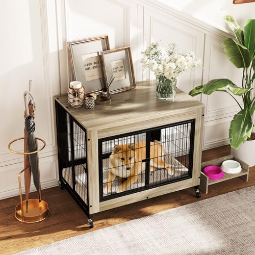 PETSITE Portable Dog Crate Furniture, 38 Inch Wooden Dog Kennel Side Table with Flip-up Top, 3 Lockable Doors and Removable Tray, Ideal for Small to Medium Dogs (Grey) - color: Grey