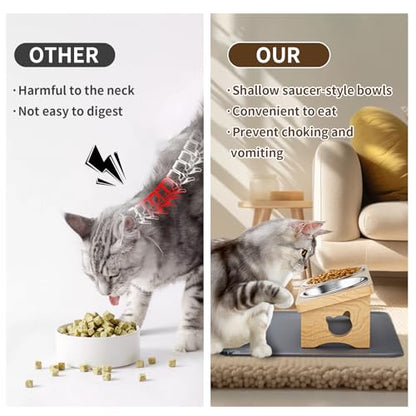 Elevated Cat Bowls, 15° Tilted Raised Cat Food Bowl with Solid Wood Stand & Stainless Steel Dishes, Cat Feeding Station with Silicone Mat, Helps Reduce Vomiting for Cats & Small Dogs(Natural) - color: Natural