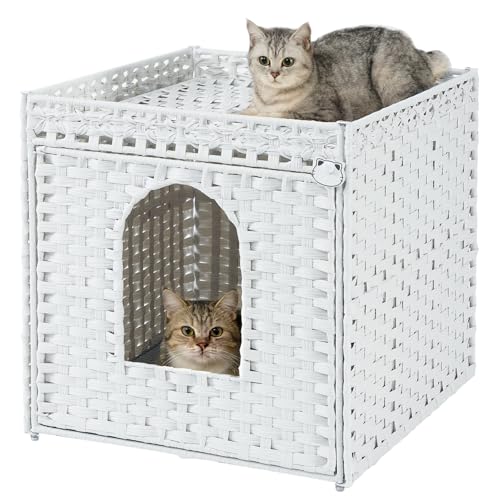 SETVSON Cat Litter Box Enclosure Furniture, Large Hidden Litter Box Furniture, Handwoven Rattan Cat House Cabinet, One Mat, Two S-Shaped Hooks, Living Room, Apartment 21.6 X 26 X 21.6 Inches, White - color: White, size: XL