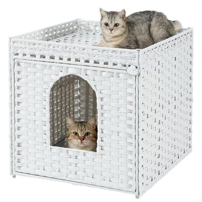 SETVSON Cat Litter Box Enclosure Furniture, Large Hidden Litter Box Furniture, Handwoven Rattan Cat House Cabinet, One Mat, Two S-Shaped Hooks, Living Room, Apartment 21.6 X 26 X 21.6 Inches, White - color: White, size: XL