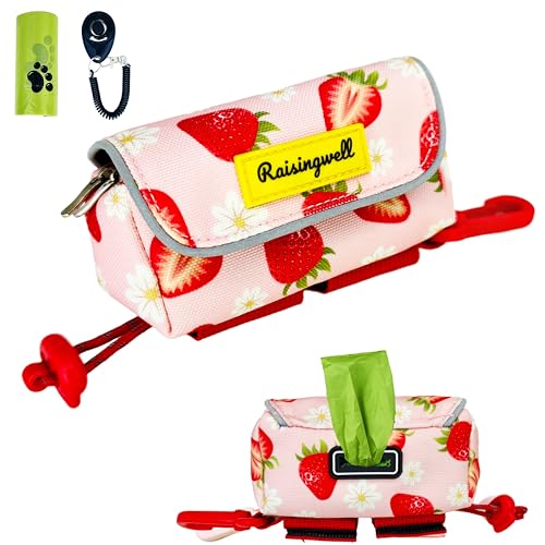 Dog Treat and Poop Bag Holder for Leash, 2 Waterproof Zipper Pouches for Pet Walking Accessories, with Dispenser, Training Clicker and 1 Free Roll (Strawberry) - color: Strawberry