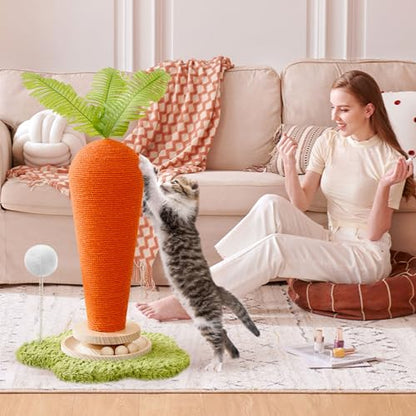 Cute Cat Scratching Post, Carrot Cat Scratcher Post with Durable Natural Wooden Turntable Toy and Catnip, 24'‘ H Carrot Shape Design Sisal Cat Tree Sisal Scratcher for Indoor Cats (Cloud Base) - color: Carrot