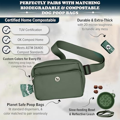 Puppington 3-in-1 Crossbody Dog Treat Pouch for Pet Training - Compostable Poop Bags, Built-In Poop Bag Dispenser, Slow-Feeding Travel Dog Bowl & Reflective Leash - Dog Walking Bag (Basil Green) - color: Basil Green