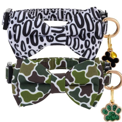 2 Pack Breakaway cat Collar with Bow Tie and Bell,Adjustable Soft Cotton Pet Collar with Pink and Red Bow Patterned Design for Kitten Adult Cats (Camouflag & Black) - color: Camouflage & Black