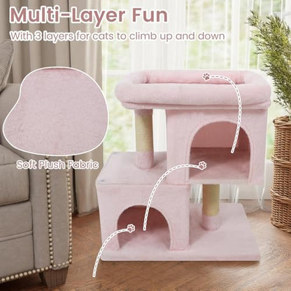 Tangkula Small Cat Tree for Indoor Cats, 25.5 Inch Cat Tower with Sisal Scratching Posts, 2 Large Cat Condos with Padded Top Perch, Modern Cat Climbing Furniture for Adult Cats & Kittens (Pink) - color: Pink