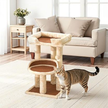 Fansafurn Multi-Level Cat Tree for Indoor Cats, Modern Cat Tower with Double Beds & Scratching Posts, 27in Cat Tree for Large Cats and Kitten, Small Cat Climbing Tower with Hanging Toys, Cream White - color: Beige