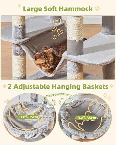 Taoqimiao Cat Tree Tower, 76-Inch Sturdy Cat Tree for Indoor Cats Large Adult Cat Tower with Scratching Posts，2 Condos, 2 Perches, 2 Large Hanging Baskets, Soft Hammock, MS046W Light Gray - color: Light Gray