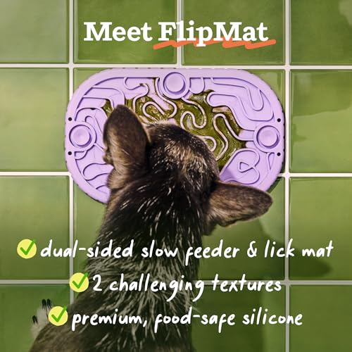 WOOF FlipMat Mini- Easy-to-Clean Lick Mat for Small Dogs & Travel - Slow Feeder Mat with Double-Sided-Non-Slip Design - BPA-Free Silicone - Lick Mat - Interactive Dog Toys - Lavender