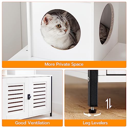 HOOBRO Cat Tree with Scratching Posts, Cat Tower Litter Box Enclosure Furniture for Indoor Cats, All-in-One Wooden Cat House Condo with Cat Hammock, Detachable Teaser Sticks, White BW14MZ03 - color: White