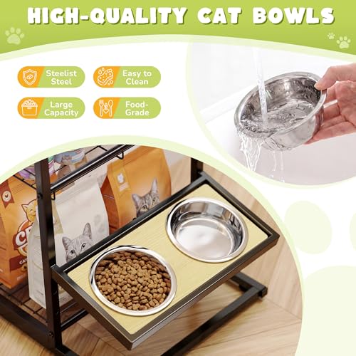 Cat Feeding Station with Elevated Cat Bowl Stand, 3-Tier Cat Food Organizer & Storage, Pet Feeding Station with Cat Table, Cat Food Stand for Large Medium Cats, 3 Height Adjustable, Black