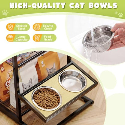Cat Feeding Station with Elevated Cat Bowl Stand, 3-Tier Cat Food Organizer & Storage, Pet Feeding Station with Cat Table, Cat Food Stand for Large Medium Cats, 3 Height Adjustable, Black