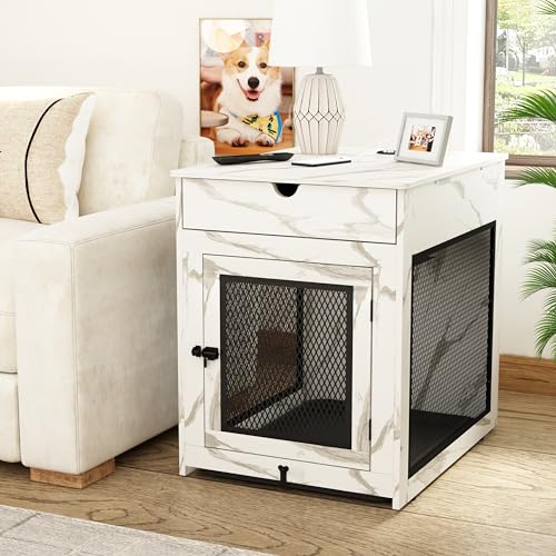 Dog Crate Furniture,Wooden Dog Crate End Table with Storage Drawer&Cushion&Tray, QC3.0 Wireless Charging,Dual USB,Medium Dogs Marble White - color: Marble White, size: 28.5"L x 21.5"W x 30.5"H
