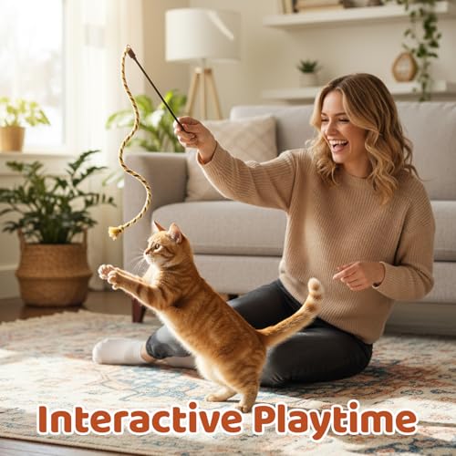 Cat Wand Toys for Indoor Cats, 3 Pack cat String Rope Toy Set, Colorful Interactive Teaser Wand with Rope Stick, Interactive Teaser Toys for Kittens and Adult Cats