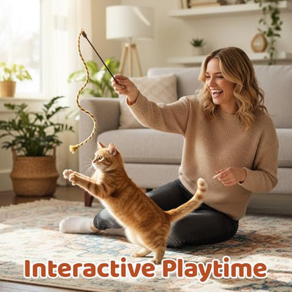 Cat Wand Toys for Indoor Cats, 3 Pack cat String Rope Toy Set, Colorful Interactive Teaser Wand with Rope Stick, Interactive Teaser Toys for Kittens and Adult Cats