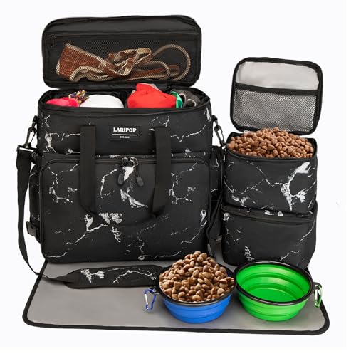 LARIPOP Dog Travel Bag Airline Friendly for Small Medium Large Dogs, Pet Travel Organizer with Collapsible Bowls Food Containers Mat, Waterproof Portable Tote for Dog Outdoor Travel - color: Black marble