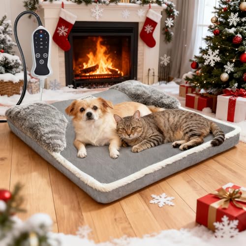 Heated Dog Bed 20x20 Inch Plush Dog Mattress with 9-Level Adjustable Settings, Removable Machine-Washable Cover, Non-Slip Bottom, Gray - size: Small