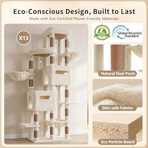 Heybly Cat Tree, 74.8-Inch Spacious & Tall Cat Tower for Large Cats, Cat Furniture with Large Top Perch, Solid Base, 2 Cat Condos, Hanging Hammock, Durable Sisal Scratching Posts, Beige HCT062MJ - color: Beige New