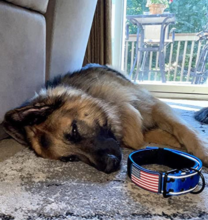Tactical Dog Collar 2 Inch Wide Heavy Duty with Metal 2-Pin Belt Buckle for Medium, Large & XL Dogs, Thick Military-Style K9 Collar, Reflective, with Name Plate Area, USA Flag Patch, Strong & Durable - color: SM-MED BLUE BB, size: 12-20 inches