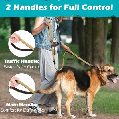 Heavy Duty Tactical Dog Leash, 5 FT Bungee Shock Absorption Leash with 2 Padded Handles, Quick Release Metal Clip, Car Seatbelt, No Pull Training Lead for Large Medium Dogs（Khaki） - color: Khaki