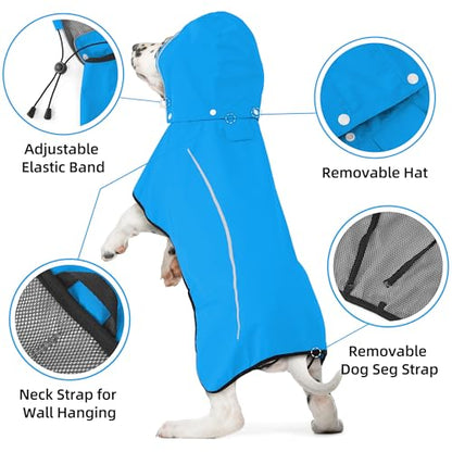 Mile High Life Dog Raincoat, Adjustable Waterproof Pet Rain Jacket, Reflective Hooded Poncho for Small Medium Large Dogs, Lightweight Breathable Pet Rain Coat (Blue,M Chest 22"-28") - color: Blue, size: Medium
