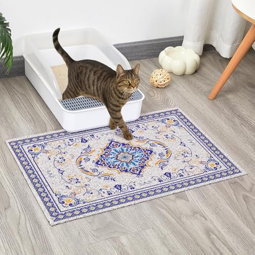 Glittme Cat Litter Mat with Non-Slip Bottom Litter Box Mat 24"x15" Litter Trapping Mat Easy to Clean Washable Cat Food Mat for Kitty,S - color: Blue, size: 24"x15"