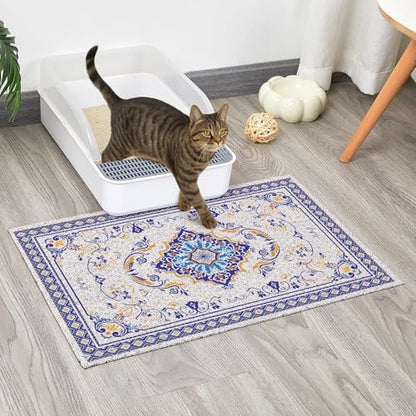 Glittme Cat Litter Mat with Non-Slip Bottom Litter Box Mat 24"x15" Litter Trapping Mat Easy to Clean Washable Cat Food Mat for Kitty,S - color: Blue, size: 24"x15"