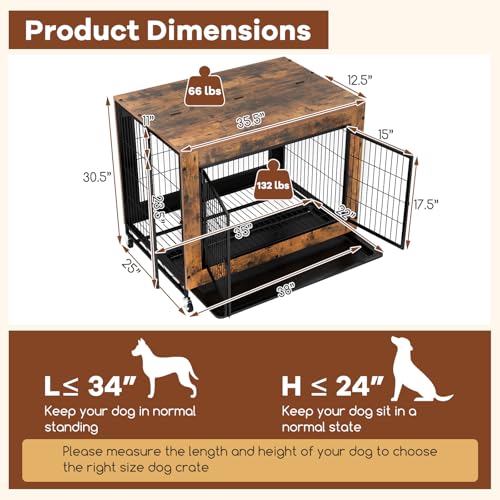 PETSITE Portable Dog Crate Furniture, 38 Inch Wooden Dog Kennel Side Table with Flip-up Top, 3 Lockable Doors and Removable Tray, Ideal for Small to Medium Dogs (Rustic Brown) - color: Rustic Brown