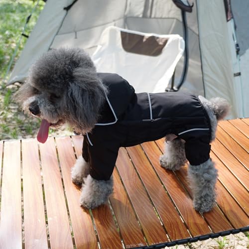 LOVELONGLONG Fleece-Lined Dog Raincoat with Removable Hood – Waterproof Winter Full Body Dog Jacket – Windproof Snowproof Cold-Weather Suit – Black-F XS - color: Black-Fleeced, size: XS (Back 10.5")