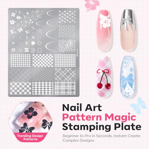 Modelones 16PCS Plaid Nail Stamping Kit – French Tip Stamper White Black Painting Gel Polish Chrome Powder Proof Matte Gel Top Coat Gingham Template Dual Nail Art Brush Summer Manicure Gift for Women - color: A A A1 Classic Plaid Elegance