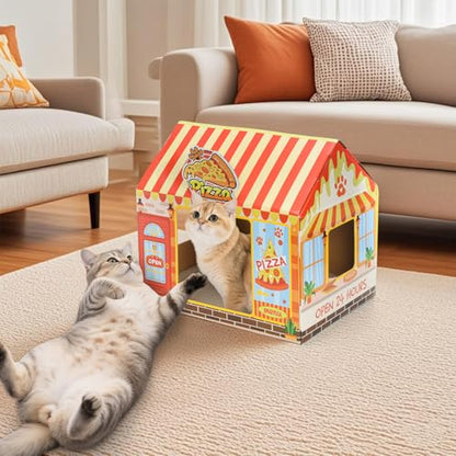 Tlence 2 Pack Cardboard Cat Houses with Scratcher, 16.5''x12.25''x15'' Cat Hideaway Playhouse, Kitty Scratching Beds for Indoor Cats, Pizza Shop Cat Furniture Condo Cave Tent for Bunny Small Animals