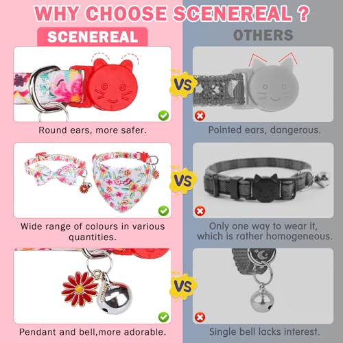 SCENEREAL Spring Cat Collar Breakaway with Bells, 2 Pack Cute Flower Pet Collar with Removable Bow Tie and Bandana, Adjustable Safety Buckle with Daisy Pendants for Girl Cats Kitten - color: Bandanas & Bow (Floral-White)