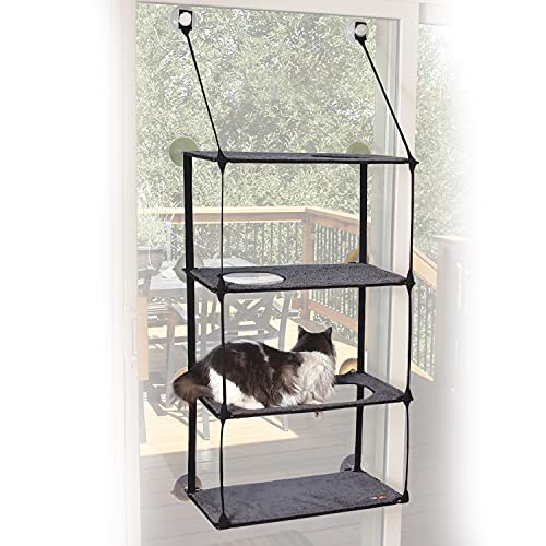 K&H Pet Products EZ Mount Quad Stack Cat Window Perch for Large Cats, Sturdy Window Hammock Bed, Steel Frame, Sturdy Suction Cups, 4 Washable Shelf Covers, Foldable - Fits 27" W X 59" H Glass Spaces - style: Quad Stack