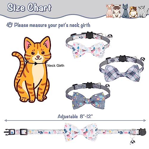 Breakaway Cat Collar with Removable Bow Tie and Bell, Cute Multi-Style Patterns, 3 Pack Safety Buckle Kitten Collars, Adjustable Pet Collar for Boy Cats Puppy (Gray) - color: Style B - Gray