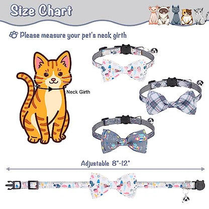 Breakaway Cat Collar with Removable Bow Tie and Bell, Cute Multi-Style Patterns, 3 Pack Safety Buckle Kitten Collars, Adjustable Pet Collar for Boy Cats Puppy (Gray) - color: Style B - Gray
