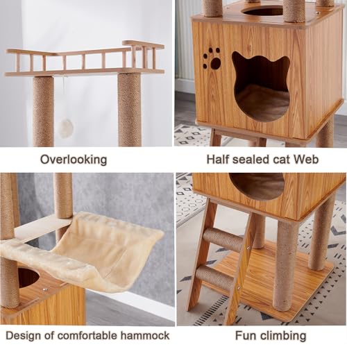 61'' Wooden cat Tree with cat Condo, Cat Stairs Scratching Posts, 2 Bowl,Sisal Scratching Posts,Cozy Cat Hammock and Top Perch. Cat Tree for Large Cats.