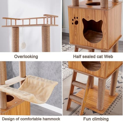 61'' Wooden cat Tree with cat Condo, Cat Stairs Scratching Posts, 2 Bowl,Sisal Scratching Posts,Cozy Cat Hammock and Top Perch. Cat Tree for Large Cats.