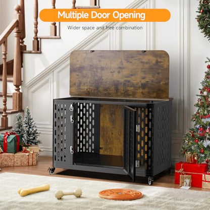 ONBRILL Dog Crate with Cushion, 38" Wood Heavy Duty Dog Crate Furniture with Flip Top & Wheels for High Anxiety Dog, Escape Proof Pet Cage for Small/Medium Dogs - size: 38.2"L x 27.2"W x 24.4"H